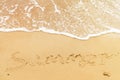 Summer text written on sandy beach and sea waves. Relaxing on tropical island. Summer vacation concept. Hello summer concept