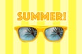 Summer text and yellow sunglasses with palm tree reflections isolated in pastel yellow striped background Royalty Free Stock Photo