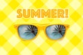 Summer text and yellow sunglasses with palm tree reflections isolated in pastel yellow grid background Royalty Free Stock Photo