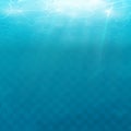 Summer. Texture of water surface. Underwater background with wave lights, bubbles of air, rays of sunshine. Waves effects. Blue un