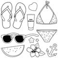 Summer beach vacation objects. Accessories for swimming at the island sea. Vector black and white coloring page Royalty Free Stock Photo