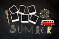 Summer theme blackboard with blank retro photo frames and a vintage van