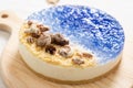 No baked ocean blue cheese cake with chocolate seashells decoration