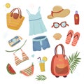 Summer Things. Set for travel and holidays. Beach collection - swimsuit, sunglasses, big summer hat, flip flops. Vector flat