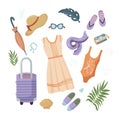 Summer Things. Set for travel and holidays. Beach collection - swimsuit, sunglasses, big summer hat, flip flops. Vector flat Royalty Free Stock Photo