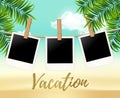 Summer three photo frames on the rope with summer sea and beach vacation - vector illustration. Blank polaroid photos on Royalty Free Stock Photo