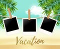 Summer three photo frames on the rope with summer sea and beach vacation - vector illustration. Blank polaroid photos on Royalty Free Stock Photo