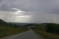 Thunderstorm downpour over the villages of Lensk and Veslyanka in the Iren River valley. Summer bad weather in the foothills of th