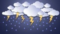 Summer thunderstorms. Storm clouds, thunderstorm lightning and rainy weather. Thunder and lightnings craft paper vector