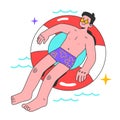 Summer time activity. Man swimming on a floating circle. Male character