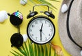 Summer Time Alarm Clock Between Flat Lay Summer Beach Accessories Royalty Free Stock Photo