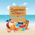 Summer time background banner design template and wooden sign se Royalty Free Stock Photo