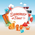 Summer time background banner design template and wooden sign se Royalty Free Stock Photo