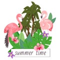 Summer time background banner vector illustration. Pink male anf female flamingos and tropical palm tree leaves with