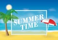 Summer time background. Palm tree and sun umbrella on the beach. Vector illustration for banners and promotions. Royalty Free Stock Photo
