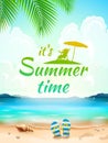 Summer Time on background seascape, beach, waves with realistic objects. Vector Illustration Royalty Free Stock Photo