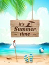 Summer Time on background seascape, beach, waves with realistic objects. Vector Illustration Royalty Free Stock Photo