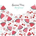 Summer time background slices of watermelon and cherry Royalty Free Stock Photo