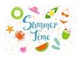 Summer time background with watermelon, seashells, plumeria tropical flower and leaf, crab, swimming floating ring,