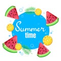 Summer time banner design with circle for text and watermelon, lemon, orange, green leaves. Vector illustration isolated on white Royalty Free Stock Photo