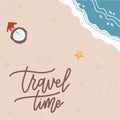 Summer Time banner. Flat sand and sea texture. Season vacation, weekend, holiday logo. Happy shiny Day. Vector Lettering on sand