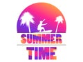 Summer time. Banner with palm trees and a surfer on a sunset background. Gradient yellow and purple. Vector Royalty Free Stock Photo