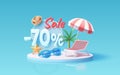 Summer time banner sale 70 Percentage, beach umbrella with lounger for relaxation, sunglasses, seaside vacation scene Royalty Free Stock Photo