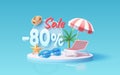 Summer time banner sale 80 Percentage, beach umbrella with lounger for relaxation, sunglasses, seaside vacation scene Royalty Free Stock Photo