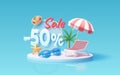 Summer time banner sale 50 Percentage, beach umbrella with lounger for relaxation, sunglasses, seaside vacation scene Royalty Free Stock Photo