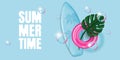 Summer Time banner with surfboard, inflatable ring, Monstera Leaf, and soap bubbles. Vector illustration in 3D style Royalty Free Stock Photo