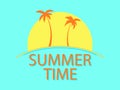 Summer time banner with text and two palm trees at sunrise. Summer tropical sunrise in 90s style. Design for advertising brochures Royalty Free Stock Photo