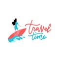 Summer Time Banner with Women Character Surfing on Blue Ocean Wav. Cartoon Sportswomen Riding Surf Board in Motion. Extreme Water Royalty Free Stock Photo