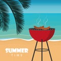 Summer time barbeque on the beach with palm leaf Royalty Free Stock Photo