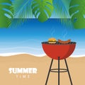 Summer time barbeque on the beach with palm leaf Royalty Free Stock Photo