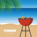 Summer time barbeque on the beach with palm leaf Royalty Free Stock Photo