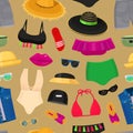 Summer time beach fashion clothes looks design vector illustraton seamless pattern background