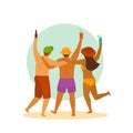 Summer time beach people, three friends have party, celebrating, backside view cartoon isolated vector illustration Royalty Free Stock Photo