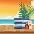 Summer time in beach vacations folded towels sunblock bronzer sea leaves