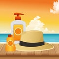 Summer time in beach vacations hat bottle skin care sunblock on wooden sea