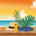 Summer time in beach vacations hat towel sunblock foliage palms