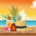 Summer time in beach vacations sun bronzer and sunblock spray hat flower leaves