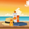 Summer time in beach vacations sunblock bottle cream hat and towel