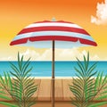 Summer time in beach vacations umbrella leaves wooden table sea sand