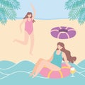 Summer time beach woman in float seat with cocktail and girl in beach vacation tourism