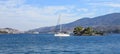 Summer time a beautiful sailboat anchoring in Love bay Eros island or Daskalio near Poros island Greece.