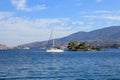 Summer time a beautiful sailboat anchoring in Love bay Eros island or Daskalio near Poros island Greece.