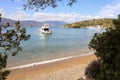 Summer time beautiful yachts anchoring in Love bay Poros island Greece.