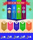 Summer time blue infographic, with book now text, icons and travel accessories