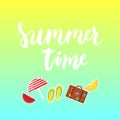 Summer time brush hand painted lettering phrase with colorful watermelon, melon, step-ins, parasol, suitcase icons.