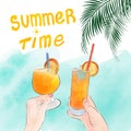 summer time card with cocktails and palm leaves watercolor effect vector,postcard summer time